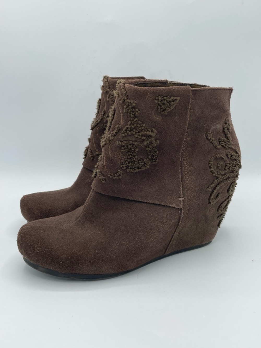 OTBT Ringold Brown Suede Embroidered Wedge Booties.